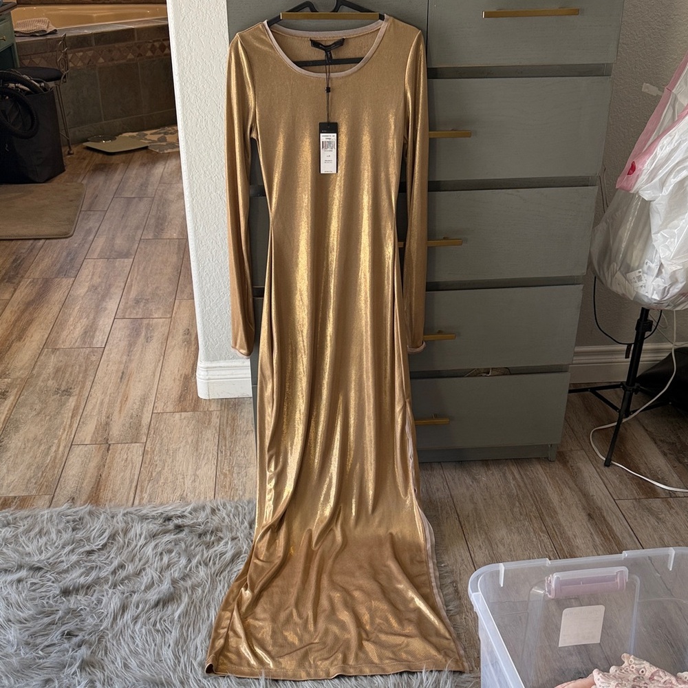 BCBGMaxAzria Shimmering Gold Long Sleeve Dress